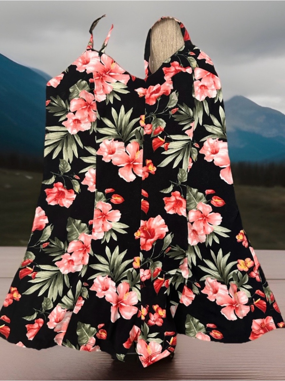 Forever 21 Black Floral Halter Romper with Pink Hibiscus Print